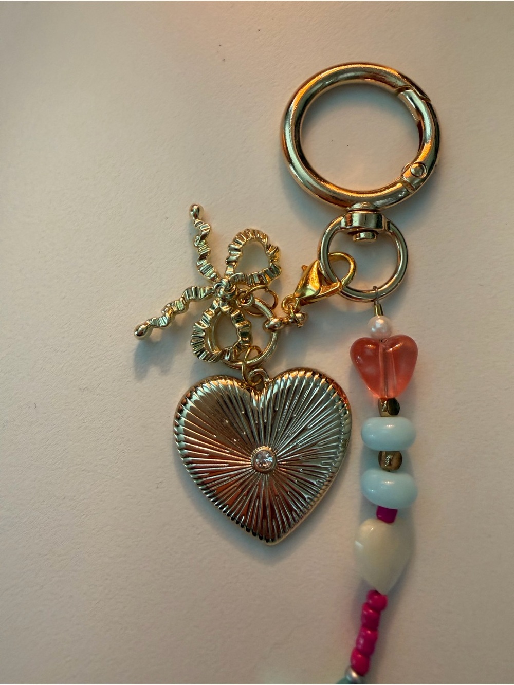 LileeLoo Goldtone Heart Charm Key Chain or Bag Charm with Pink Bead Accents